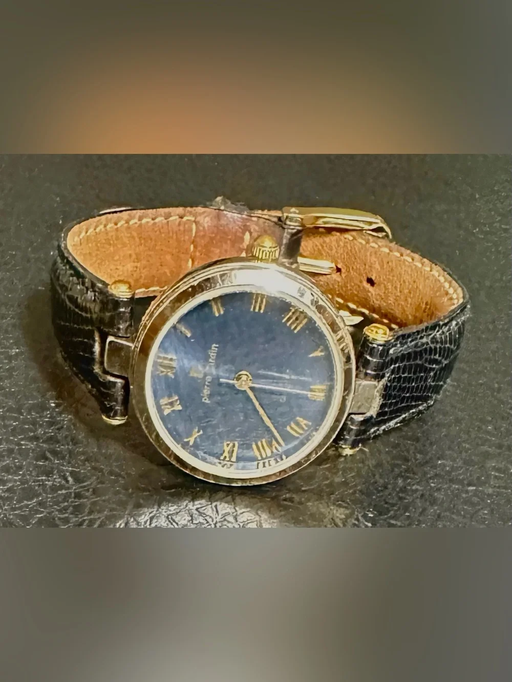 Pierre Cardin Blue Dial Gold-Tone Case Black Leather Strap Watch